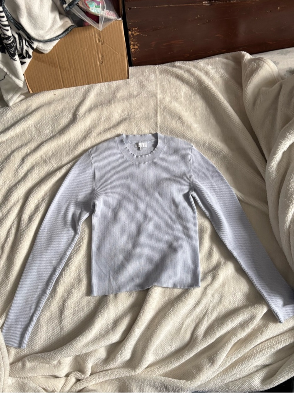 Women's Light Blue Ribbed Long Sleeve Crewneck Top